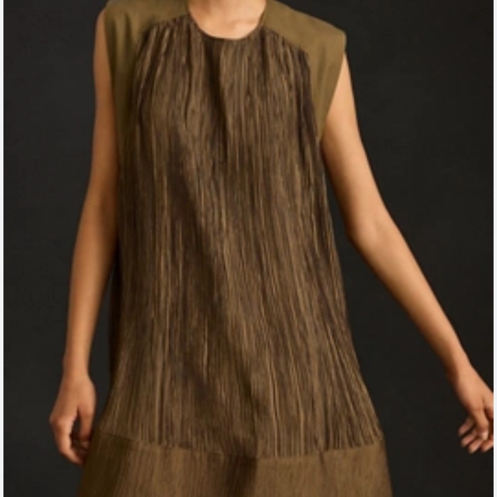 Anthropologie Cap Sleeve green Plisse mini dress - Picture 2 of 4